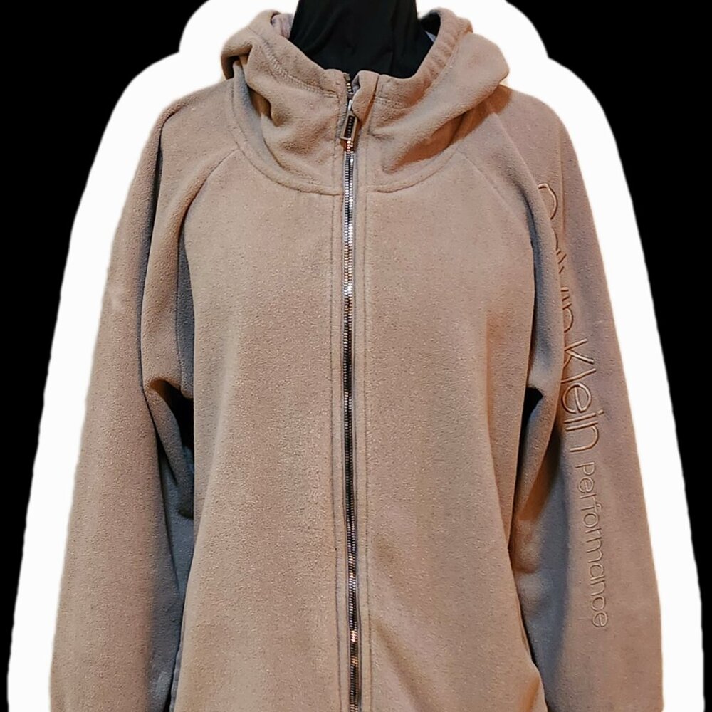 Calvin Klein Performance 1X Light Gray/Brown Full-Zip Long Sleeve Fleece Hoodie